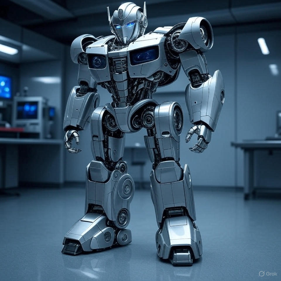 industrial robot with silver plating and glowing blue eyes in a tech lab